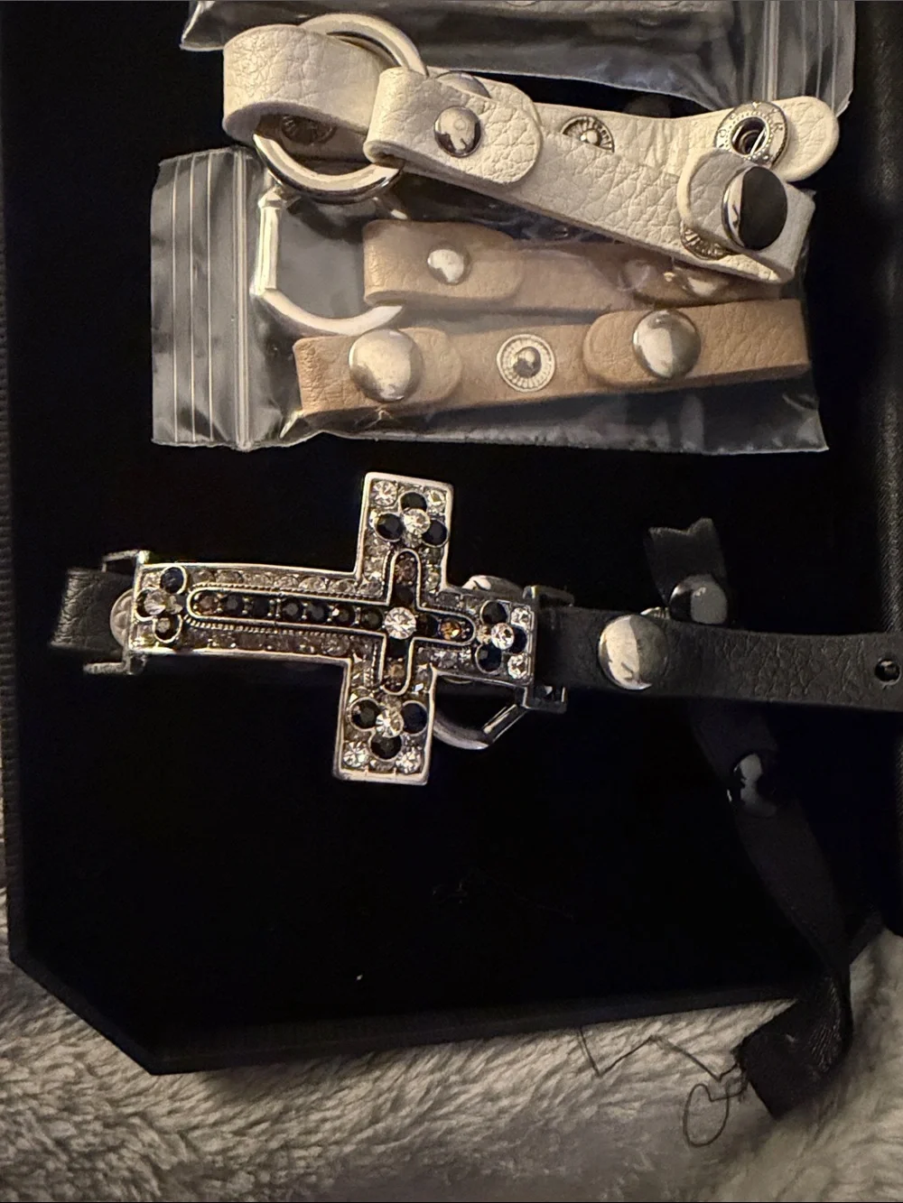 Men's Leather Cross Keychain with Black and Tan Leather Straps